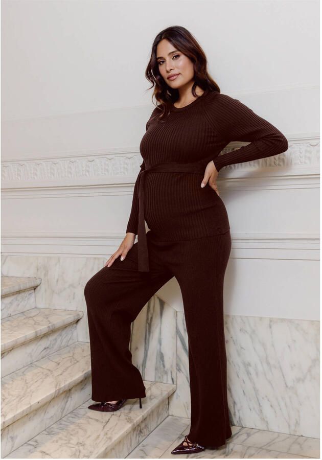 LOVE2WAIT aansluitende zwangerschaps longsleeve donkerbruin Dames Acryl Ronde hals maat 36-38