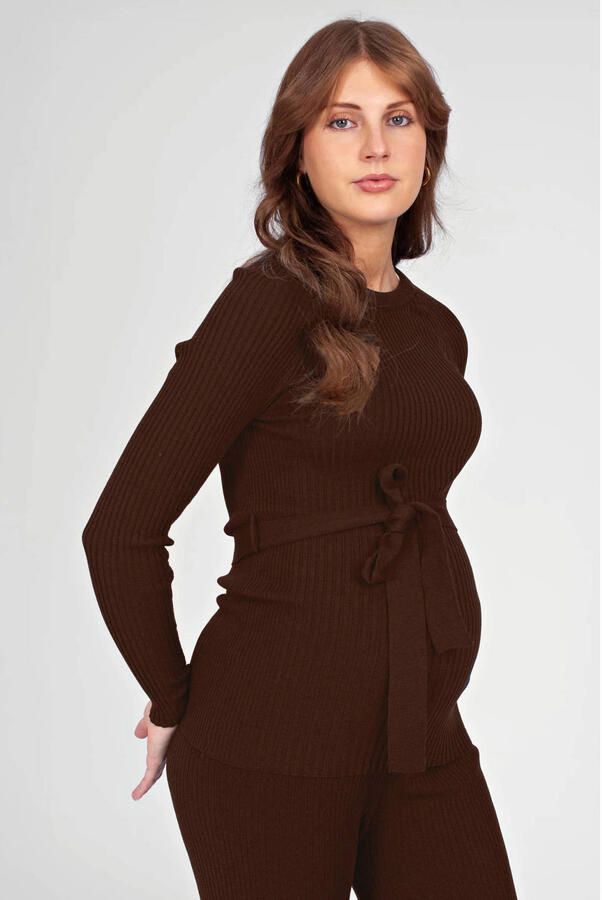 LOVE2WAIT aansluitende zwangerschaps longsleeve donkerbruin Dames Acryl Ronde hals maat 36-38 - Foto 2