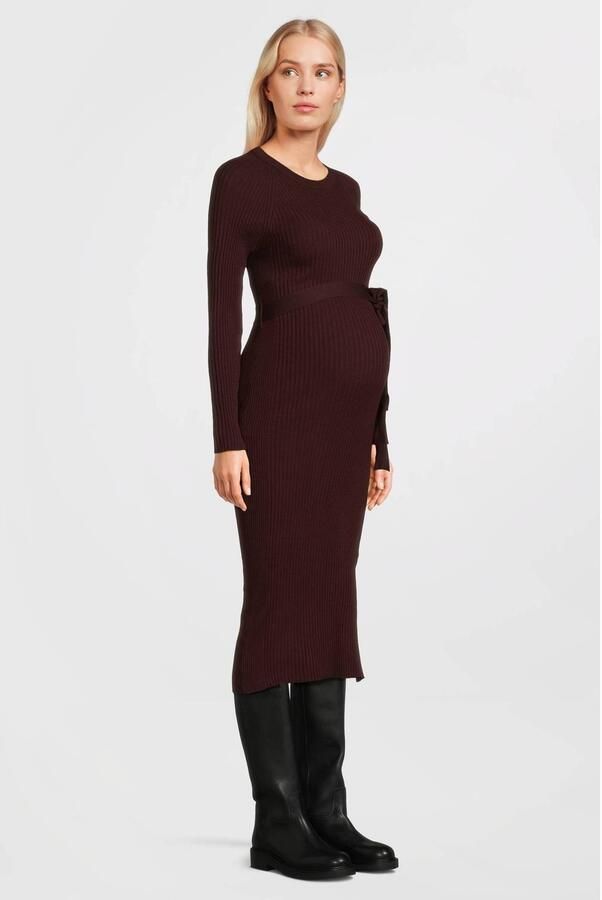 LOVE2WAIT zwangerschaps midi jurk met ceintuur en split donkerrood Dames Acryl Ronde hals maat 40-42 - Foto 2
