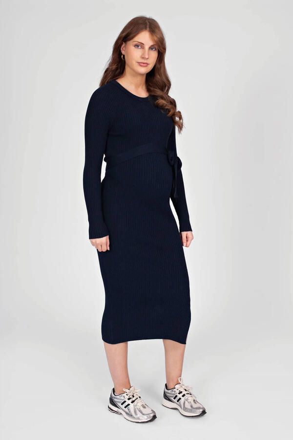 LOVE2WAIT midi zwangerschapsjurk met split marineblauw Dames Acryl Ronde hals maat 36-38