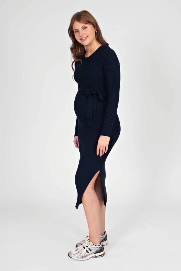 LOVE2WAIT midi zwangerschapsjurk met split marineblauw Dames Acryl Ronde hals maat 36-38 - Foto 3