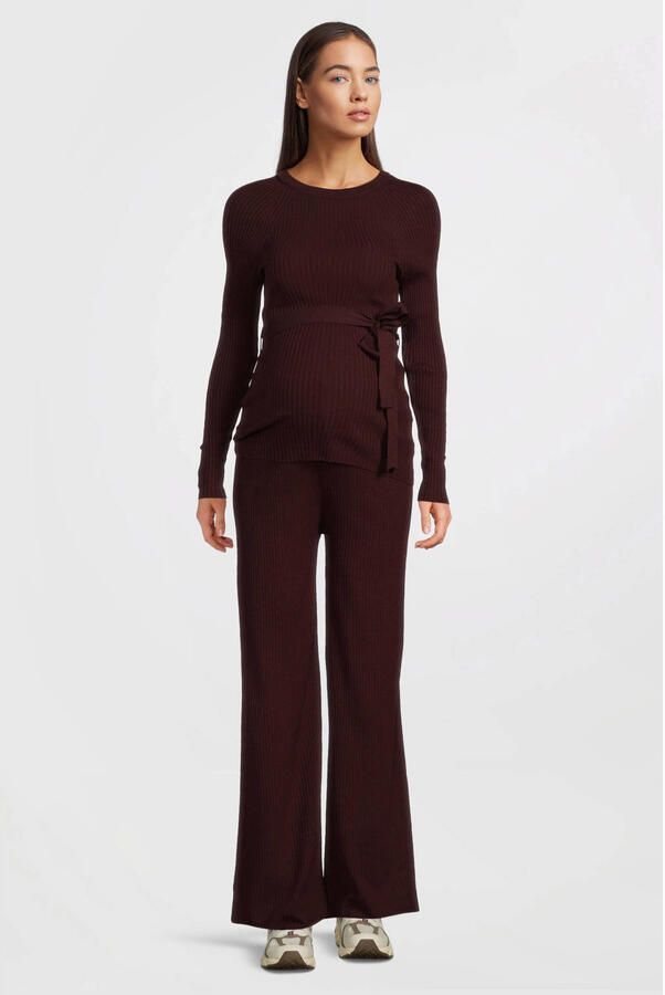 LOVE2WAIT straight high waist zwangerschaps broek donkerrood rib gebreid - Foto 3