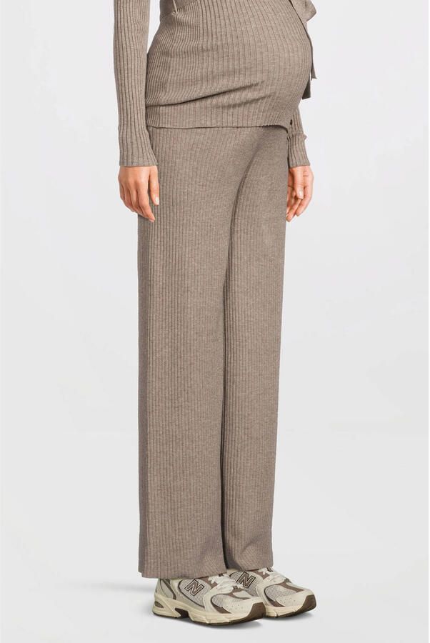 LOVE2WAIT wide leg high waist zwangerschaps broek beige rib gebreid - Foto 3