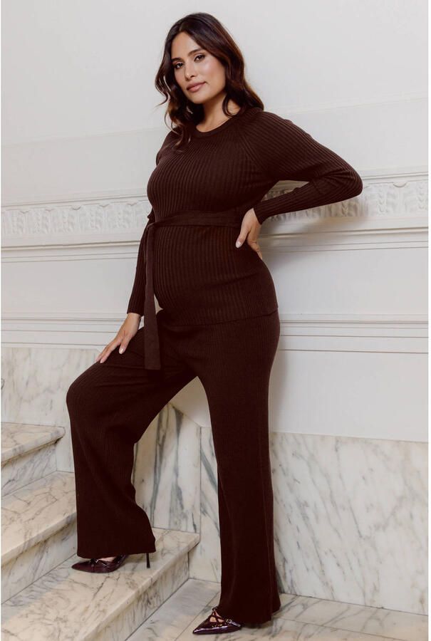 LOVE2WAIT wide leg zwangerschapsbroek donkerbruin Dames Acryl Effen maat 36-38
