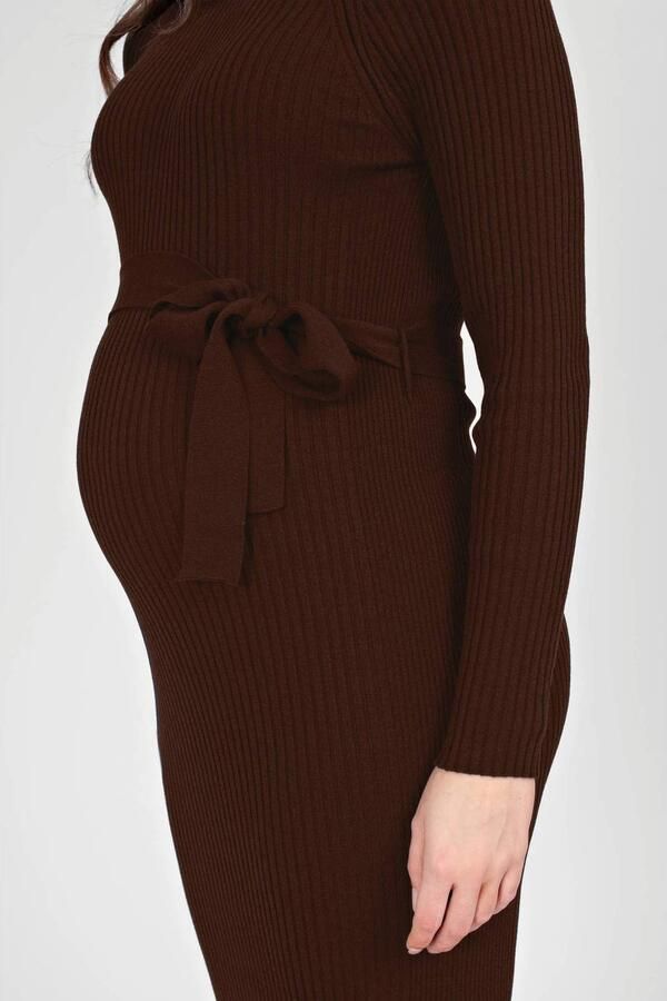 LOVE2WAIT zwangerschaps gebreide midi jurk met ceintuur en split donkerbruin Dames Acryl Ronde hals maat 36-38 - Foto 3