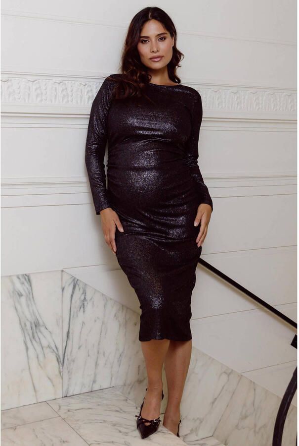 LOVE2WAIT zwangerschaps midi jurk met glitters zwart Dames Polyester Ronde hals - Foto 2