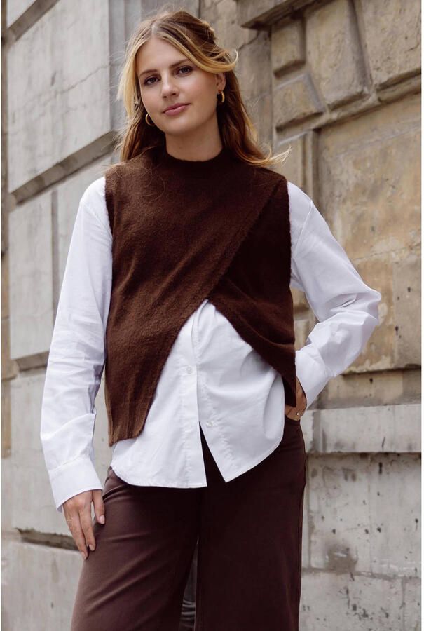 LOVE2WAIT zwangerschapsgilet donkerbruin Dames Acryl Ronde hals Effen maat 40-42
