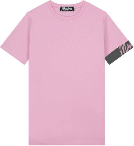 Malelions slim fit T-shirt met contrastbies pink matt grey