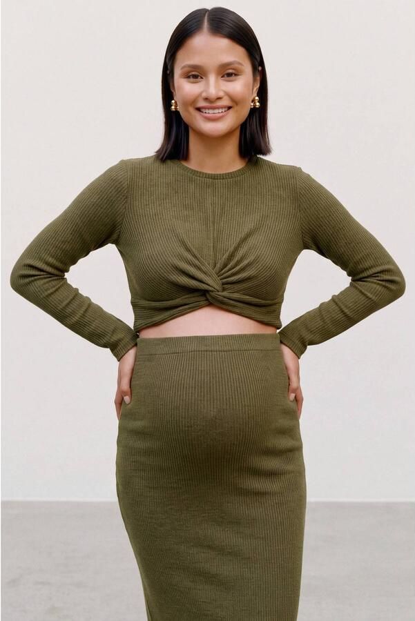 MAMALICIOUS aansluitende cropped gebreide zwangerschapstop groen Dames Polyester Ronde hals maat XL