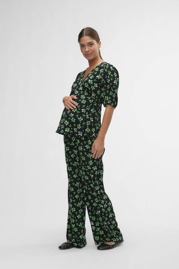 Mamalicious gebloemde loose fit broek MLELLINOR van polyester zwart groen XXL