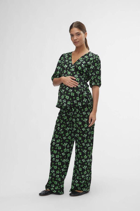 Mamalicious gebloemde loose fit broek MLELLINOR van polyester zwart groen XXL - Foto 2