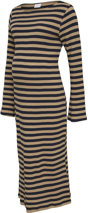 MAMALICIOUS gebreide gestreepte zwangerschaps bodycon midi jurk camel donkerblauw