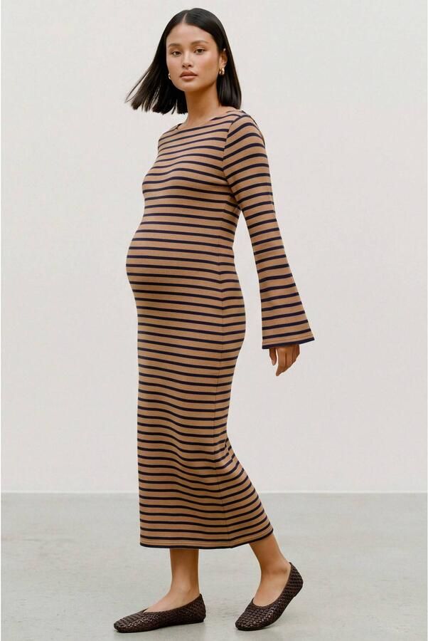 MAMALICIOUS gebreide gestreepte zwangerschaps bodycon midi jurk camel donkerblauw Bruin Dames Stretchkatoen Boothals maat XL - Foto 2