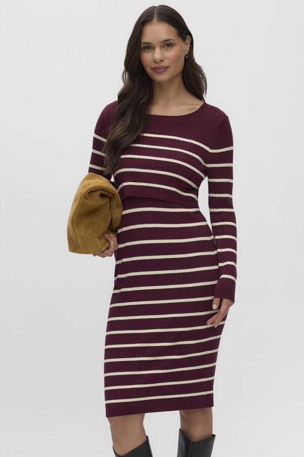 MAMALICIOUS gebreide gestreepte zwangerschaps- en voedingjurk donkerrood Dames Viscose Col maat XL