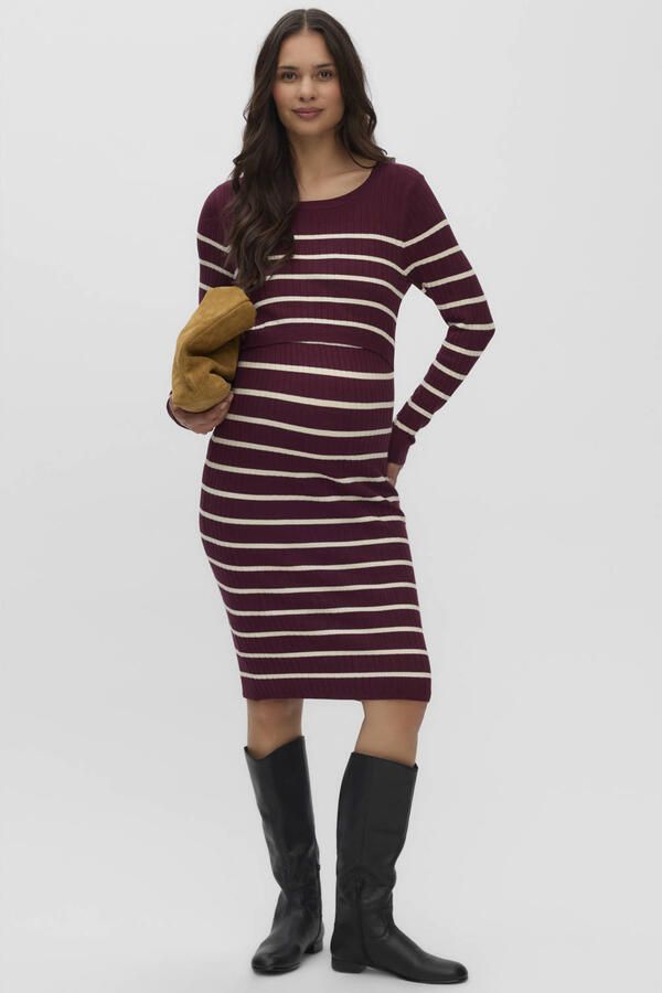 MAMALICIOUS gebreide gestreepte zwangerschaps- en voedingjurk donkerrood Dames Viscose Col maat XL - Foto 2