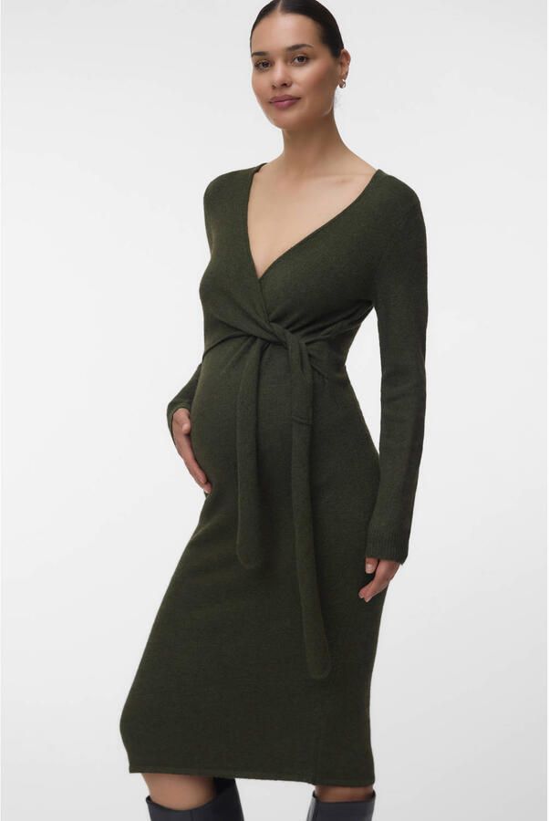 MAMALICIOUS gebreide zwangerschaps- en voedingsjurk donkergroen Dames Polyester V-hals maat XL - Foto 3