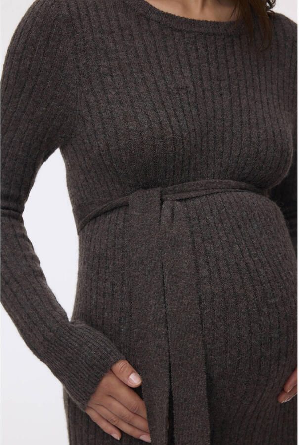 MAMALICIOUS gebreide zwangerschaps midi jurk grijsbruin Dames Polyester Ronde hals maat XL