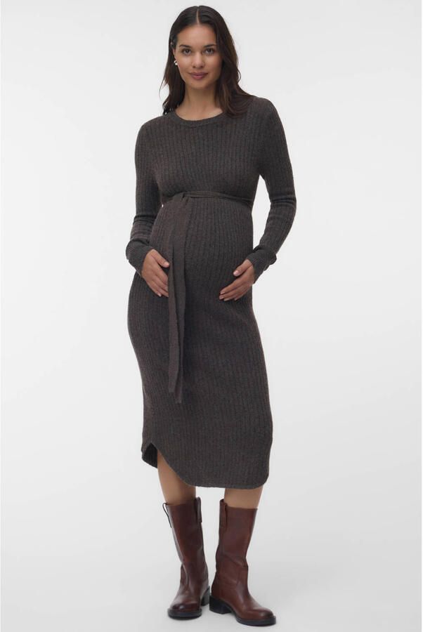 MAMALICIOUS gebreide zwangerschaps midi jurk grijsbruin Dames Polyester Ronde hals maat XL - Foto 3