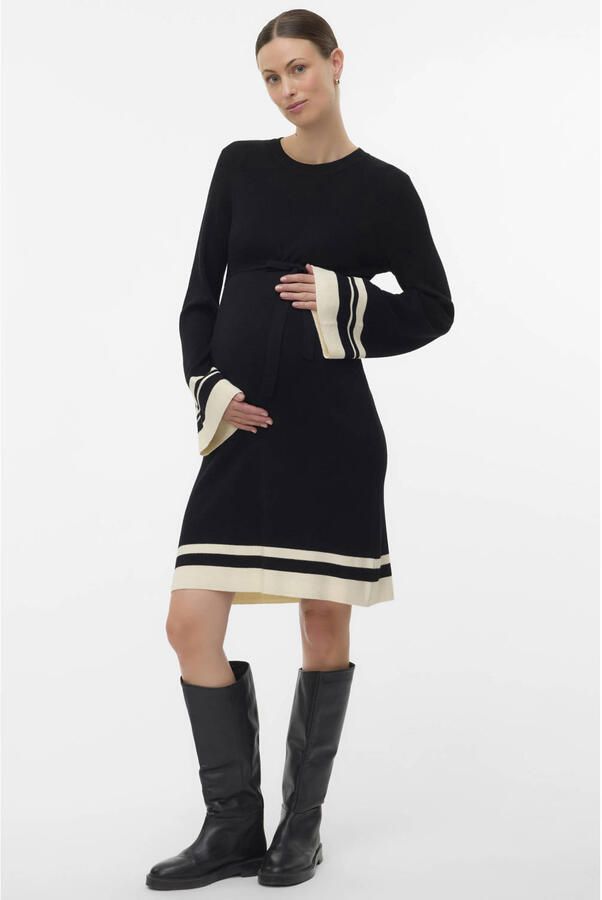 MAMALICIOUS gebreide zwangerschapsjurk met ceintuur zwart ecru Dames Viscose Ronde hals maat XL