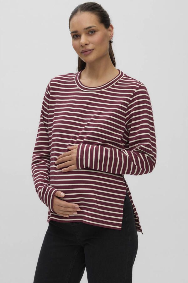 MAMALICIOUS gestreepte zwangerschaps longsleeve donkerrood Dames Polyester Ronde hals maat XL
