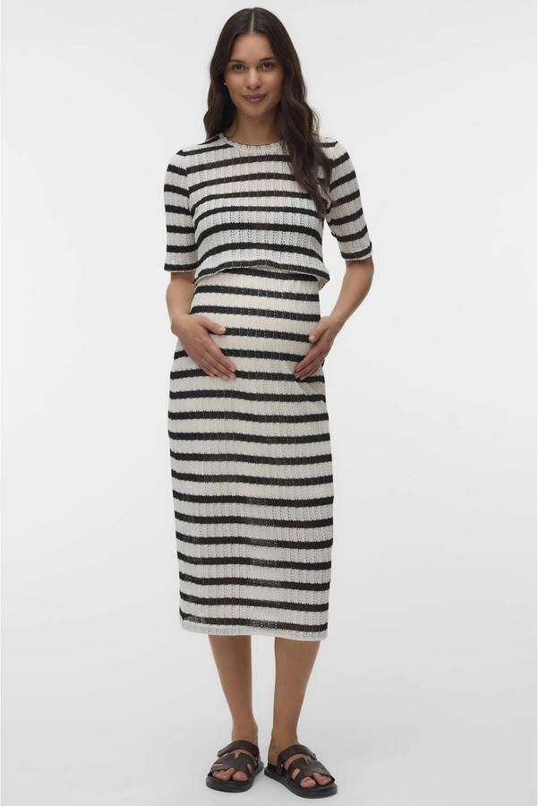 MAMALICIOUS gestreepte zwangerschaps midi rok fijn gebreid beige