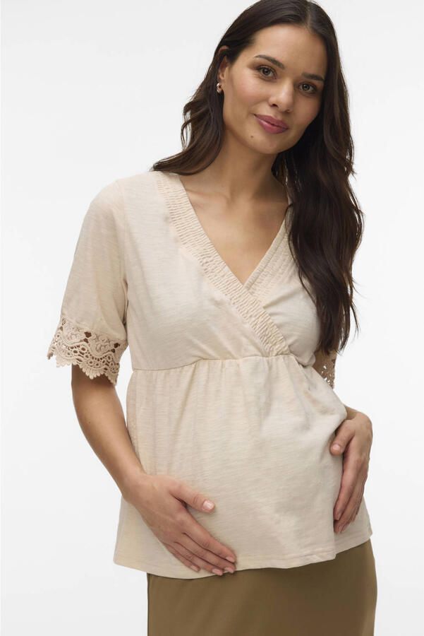 MAMALICIOUS zwangerschaps- en voedings T-shirt beige broderie