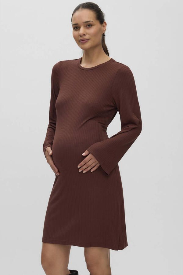 MAMALICIOUS zwangerschaps maxi jurk bruin Dames Viscose Ronde hals Effen maat XL