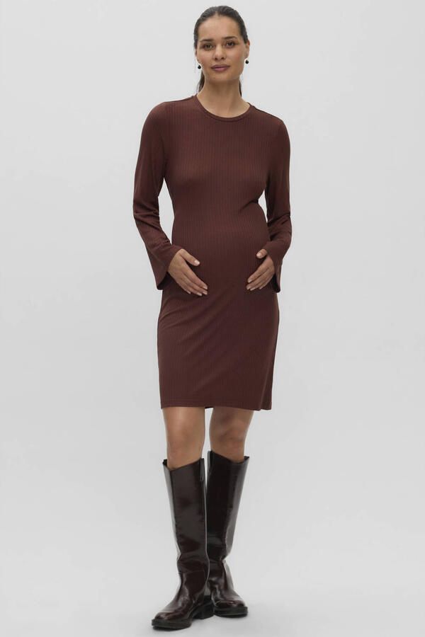 MAMALICIOUS zwangerschaps maxi jurk bruin Dames Viscose Ronde hals Effen maat XL - Foto 3