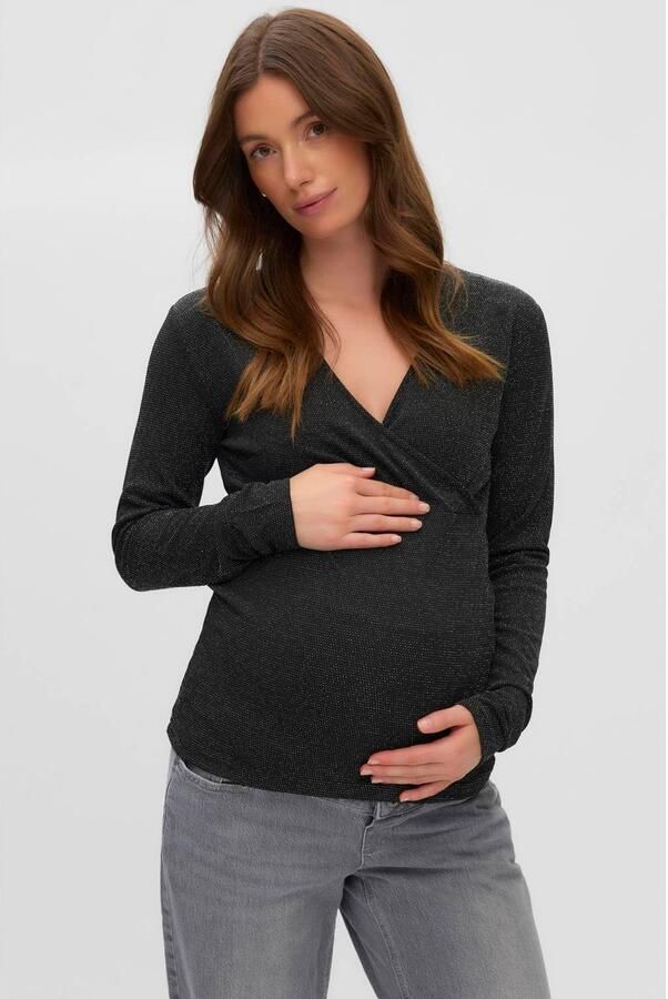 MAMALICIOUS zwangerschapstop met glitters zwart Dames Polyester V-hals maat XL