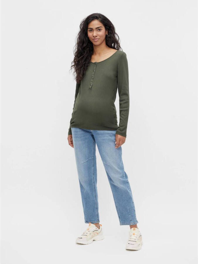 Mamalicious ribgebreide zwangerschaps- en voedingslongsleeve MLELLEN donkergroen Dames Viscose (duurzaam materiaal) Ronde hals XL