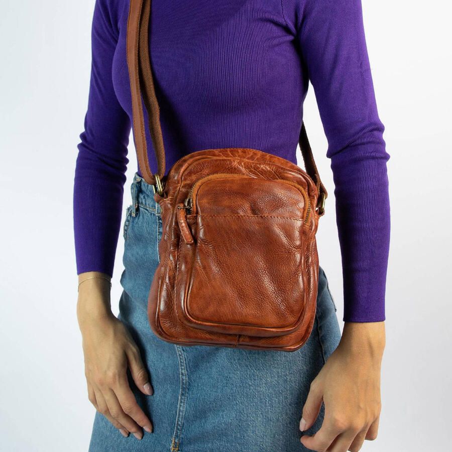 Manfield leren crossbody tas cognac