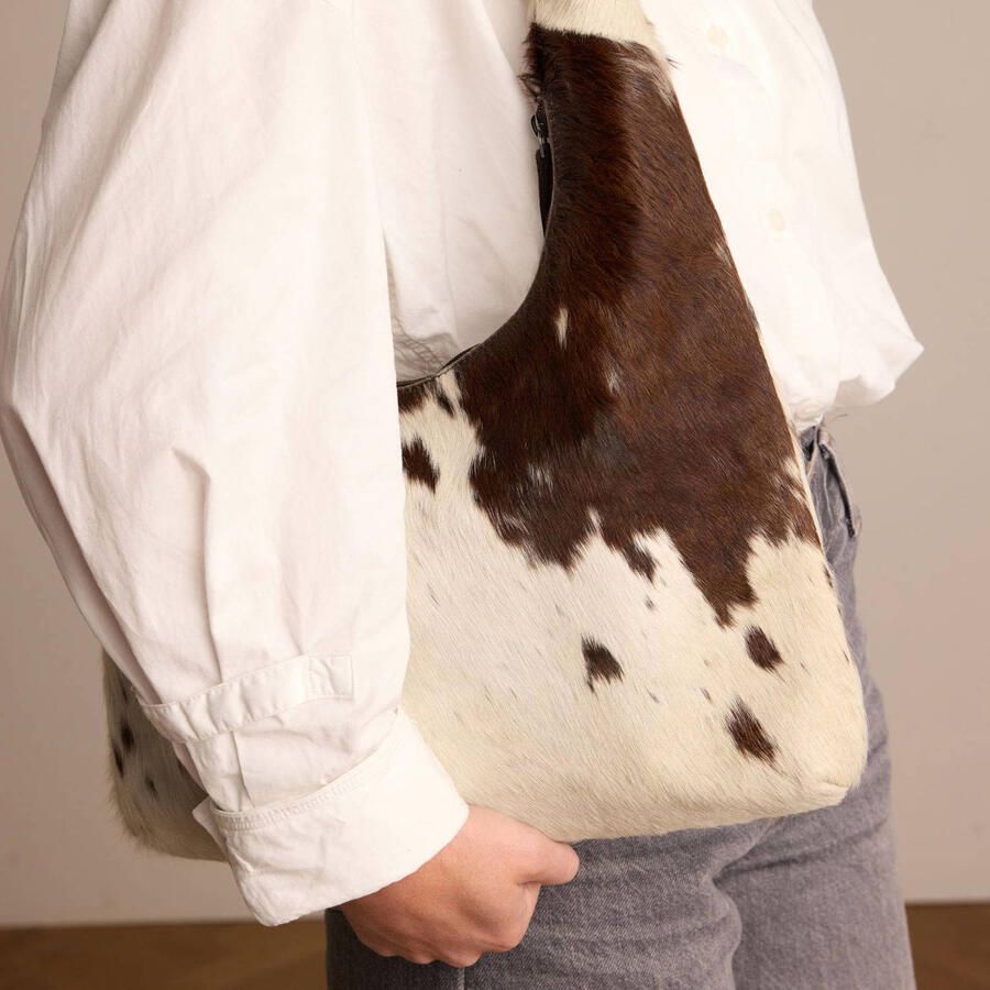 Manfield leren schoudertas met koeienprint bruin - Foto 2