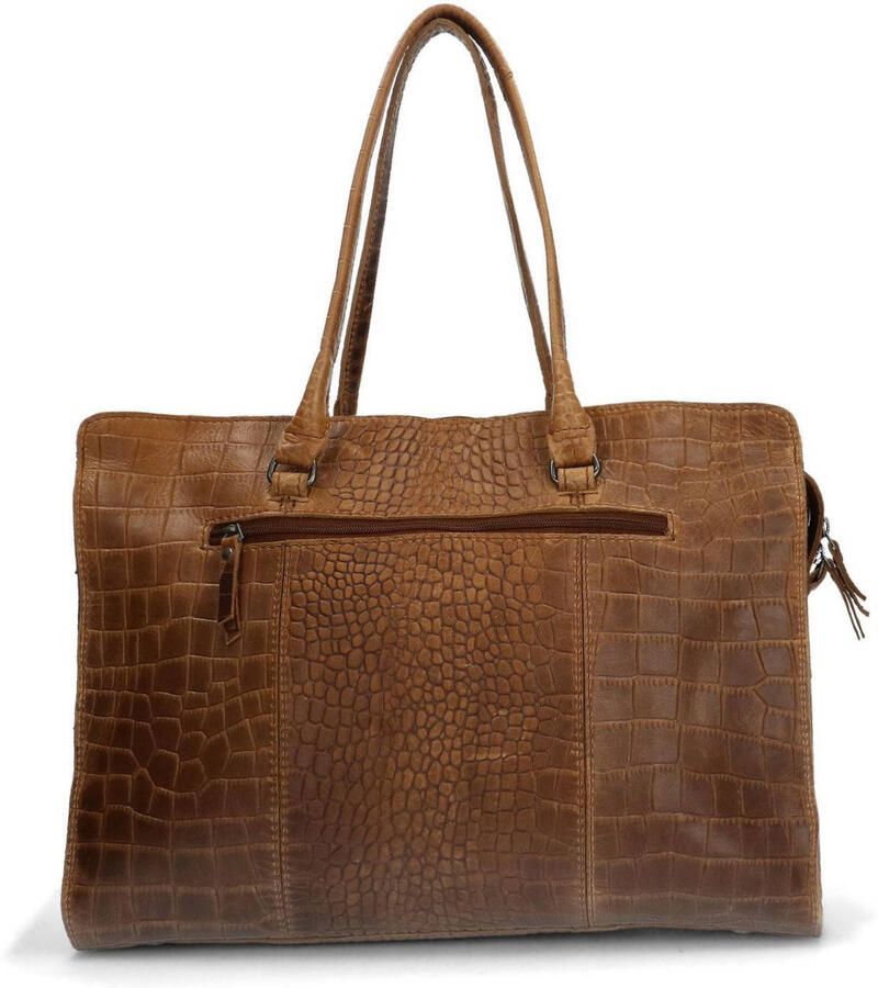 Manfield leren shopper met crocoprint cognac