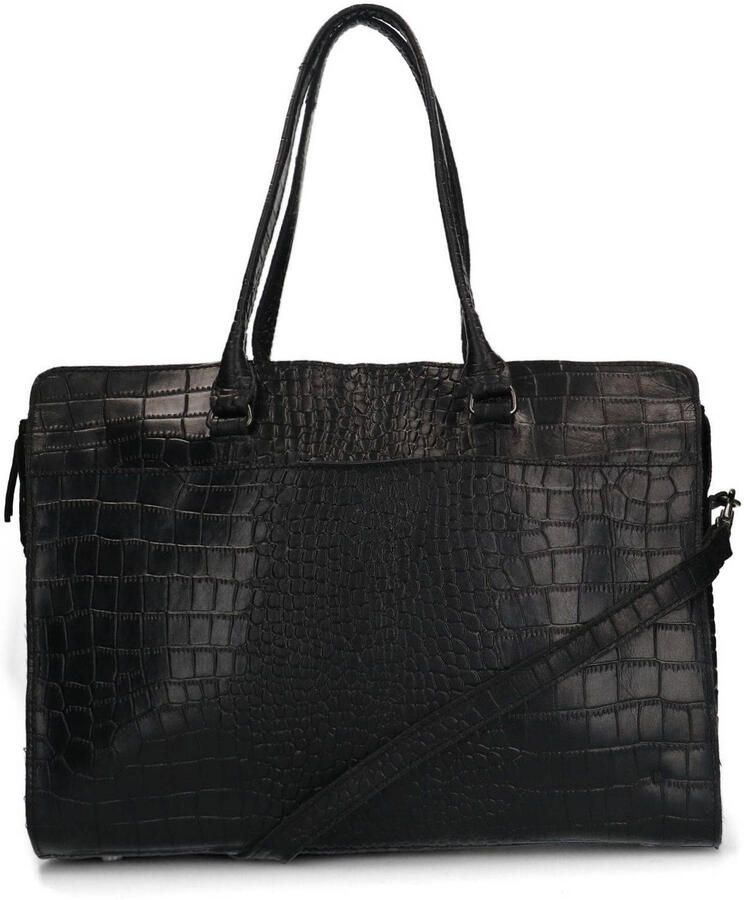 Manfield leren shopper met crocoprint zwart