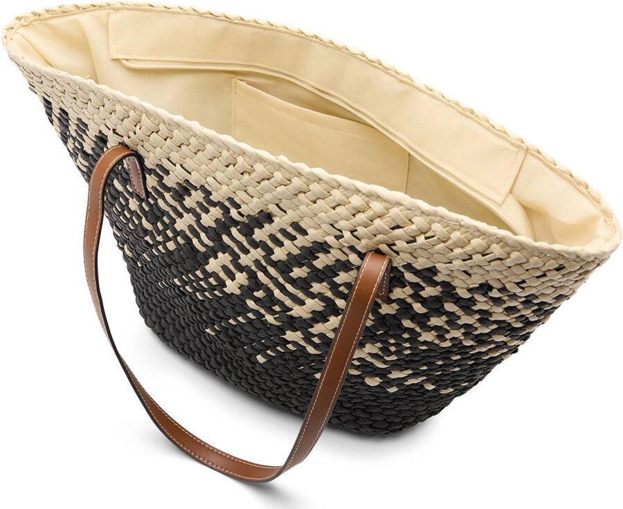 Manfield raffia shopper beige zwart - Foto 3