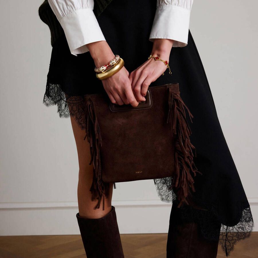 Manfield suede crossbody tas met franjes donkerbruin - Foto 2