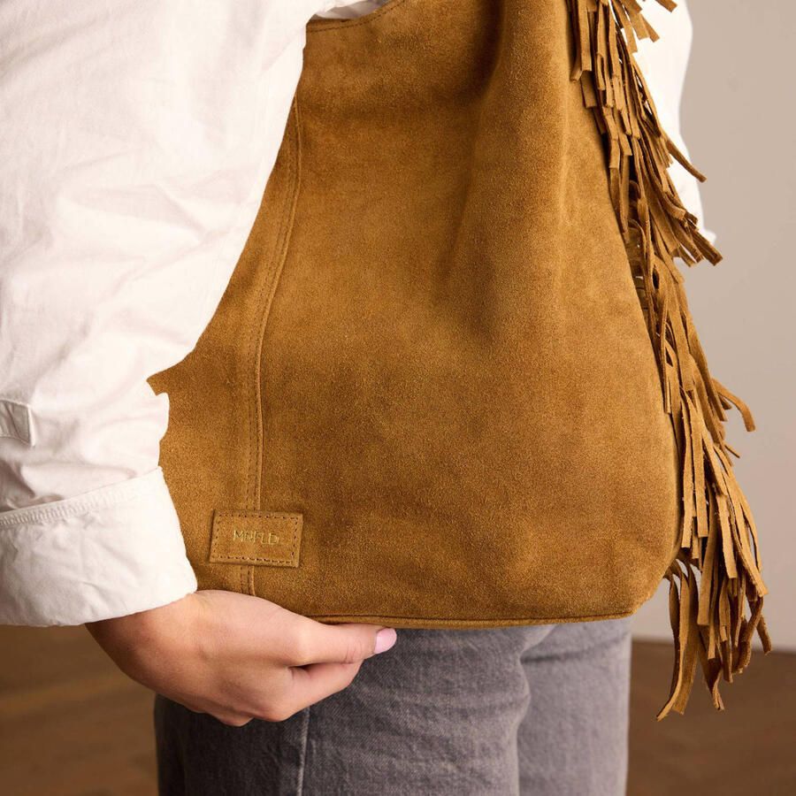 Manfield suede schoudertas met franjes cognac - Foto 2