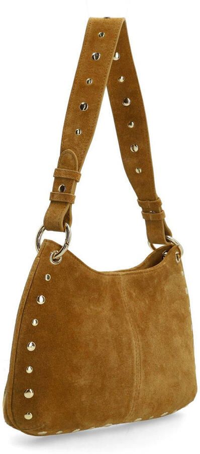 Manfield suede schoudertas met studs cognac