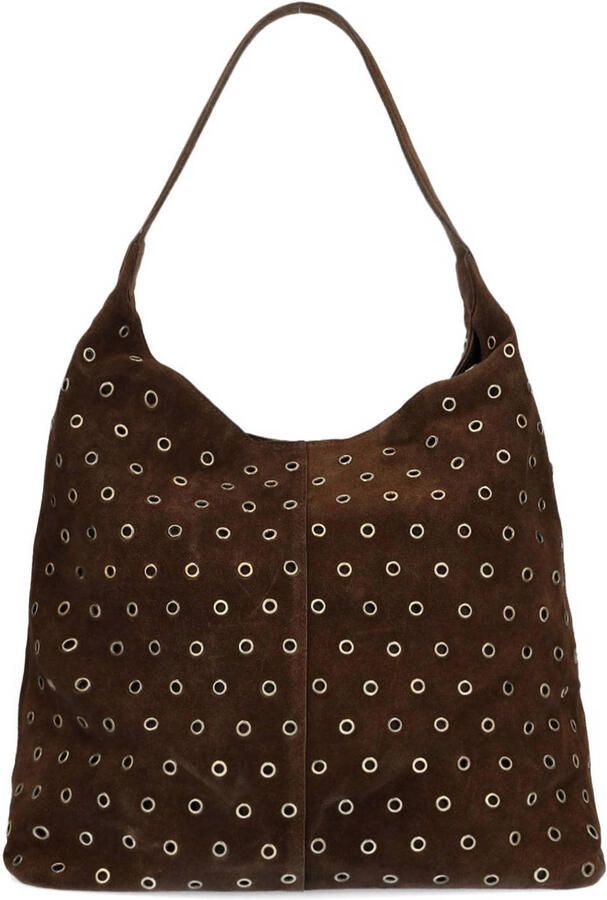 Manfield suede schoudertas met studs donkerbruin