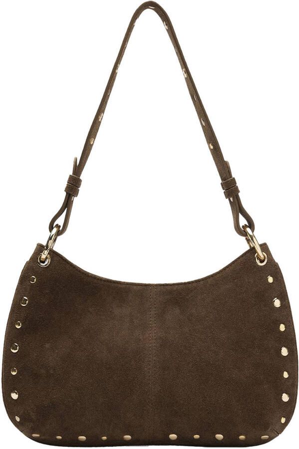 Manfield suede schoudertas met studs donkerbruin