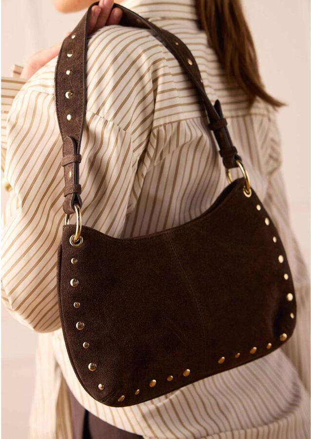Manfield suede schoudertas met studs donkerbruin - Foto 2