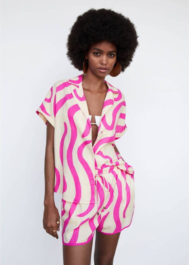 Mango high waist straight fit short met linnen en grafische print roze zand