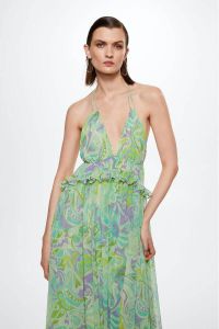 Mango halter maxi A-lijn jurk met all over print en ruches groen paars