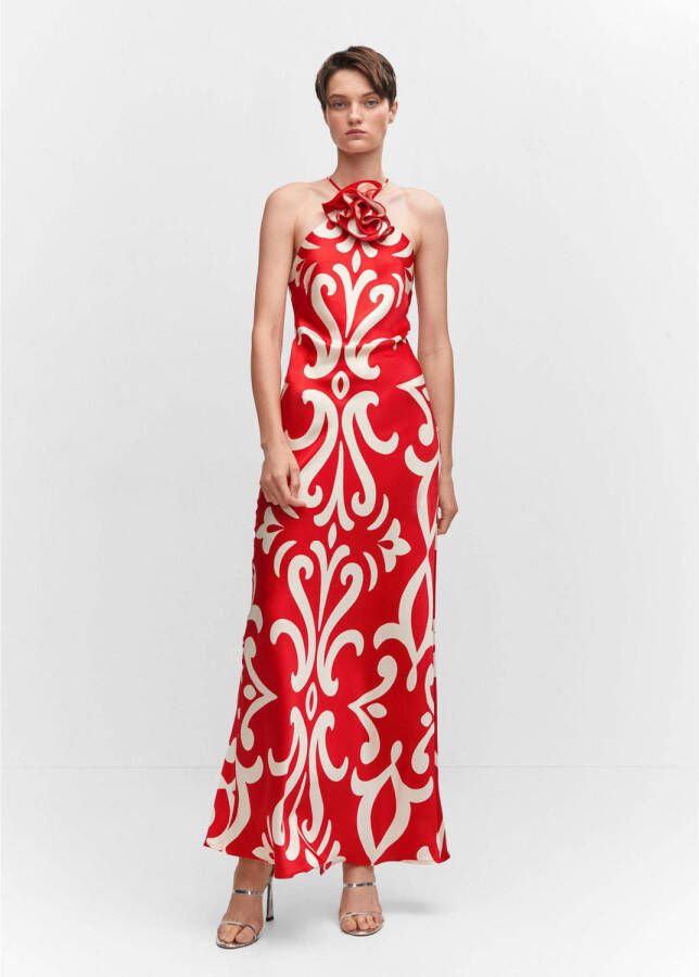 Mango halter maxi jurk met all over print met open rug rood wit