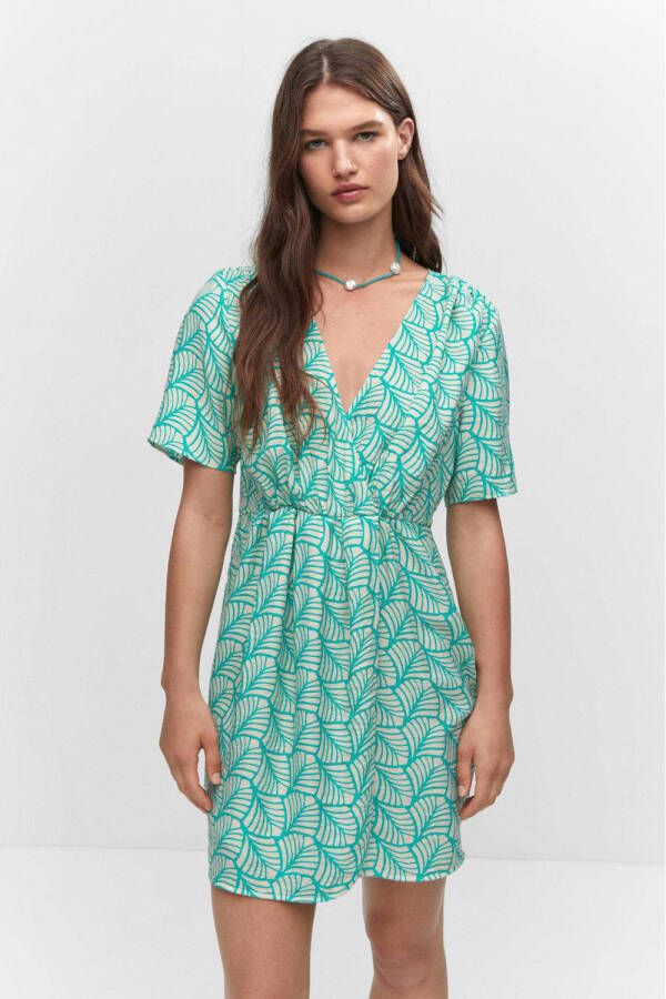Mango jurk Flora met all over print turquoise wit
