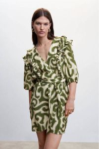 Mango jurk met all over print en ruches groen ecru