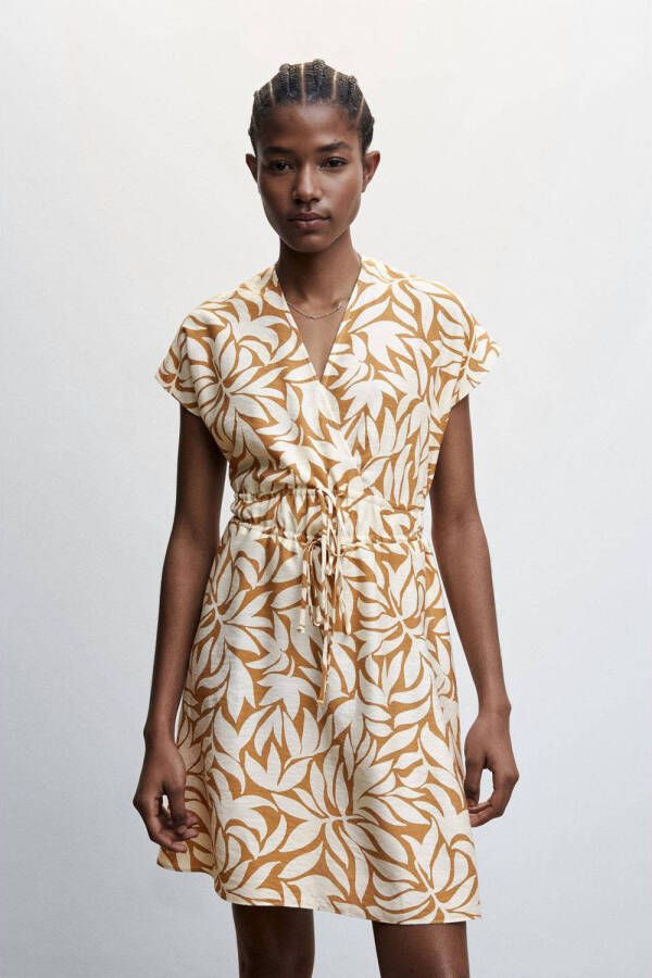 Mango jurk met bladprint ecru bruin