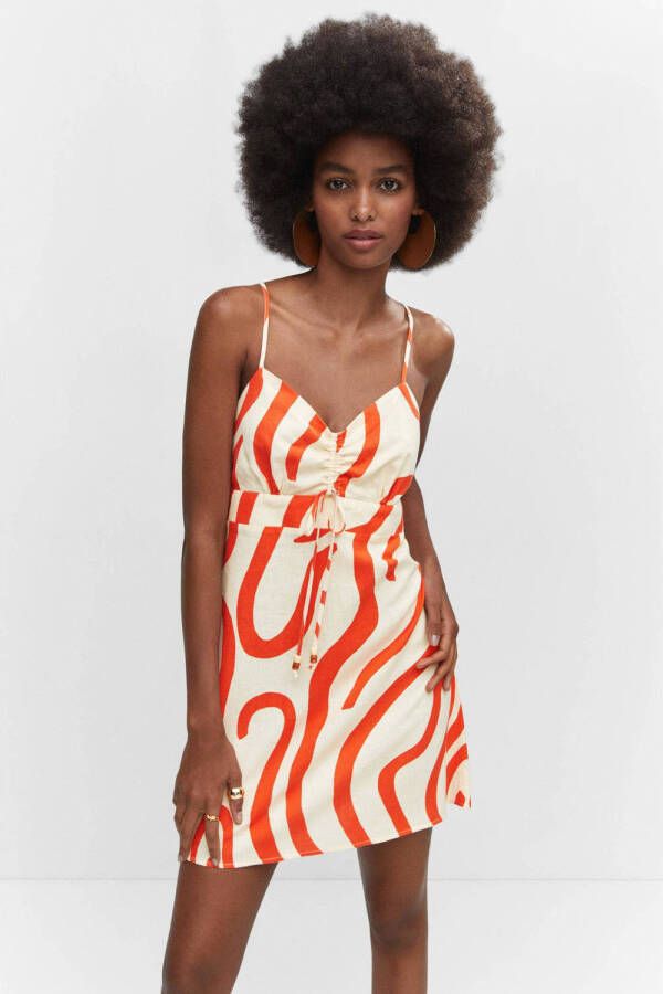 Mango jurk met grafische print en kraaltjes ecru oranje