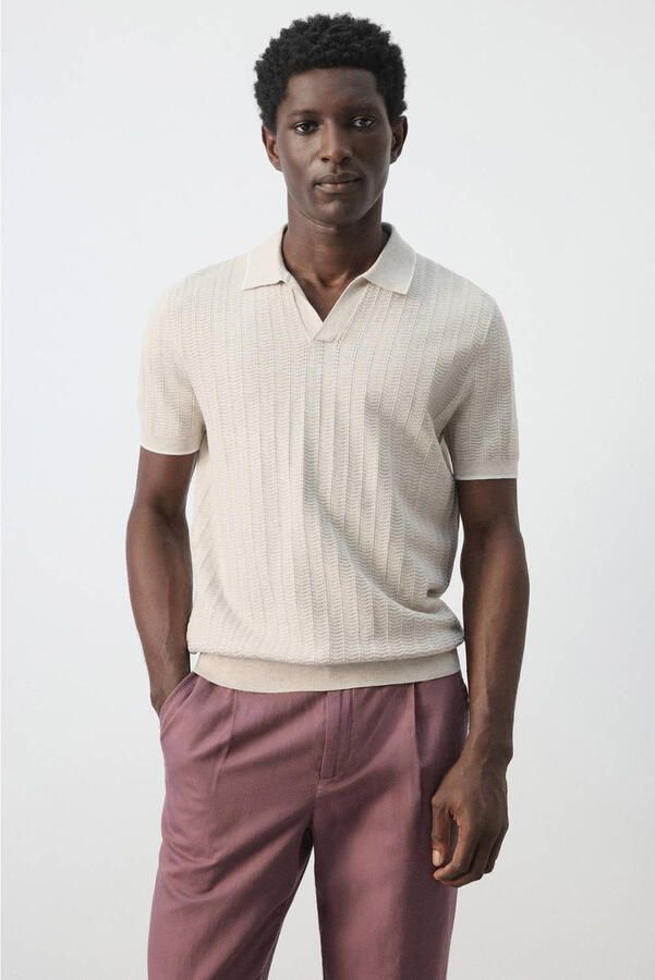 Mango Man boxy polo beige grof gebreid