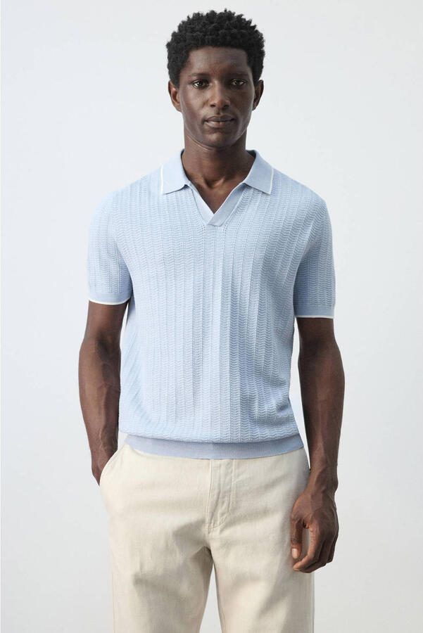 Mango Man boxy polo lichtblauw grof gebreid